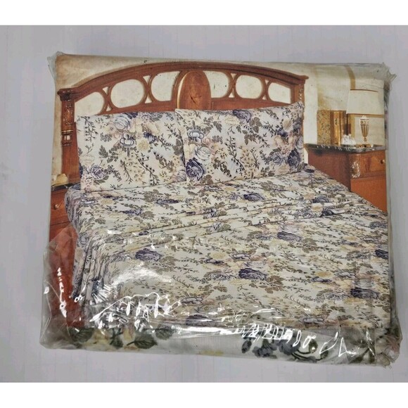 Vtg Signature 3-Piece Twin Size Sheet Set Blue & Green Floral Polyester/Cotton - Picture 2 of 6